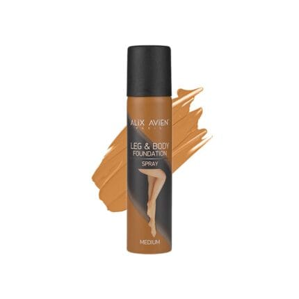 A before-and-after swatch of the high concealing Leg & Body Foundation Spray on skin.
